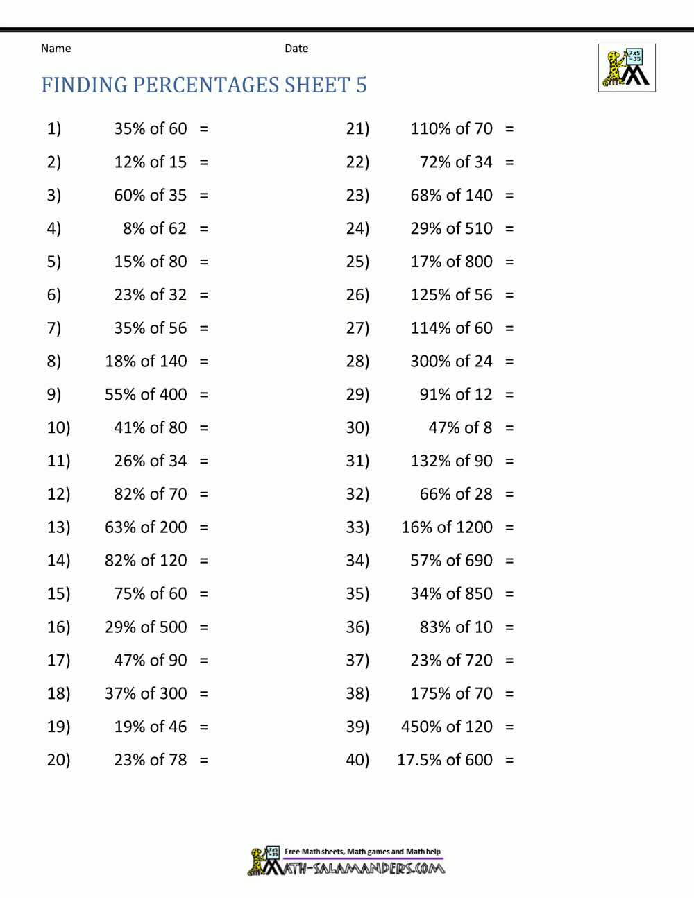 Printable Percentage Worksheets