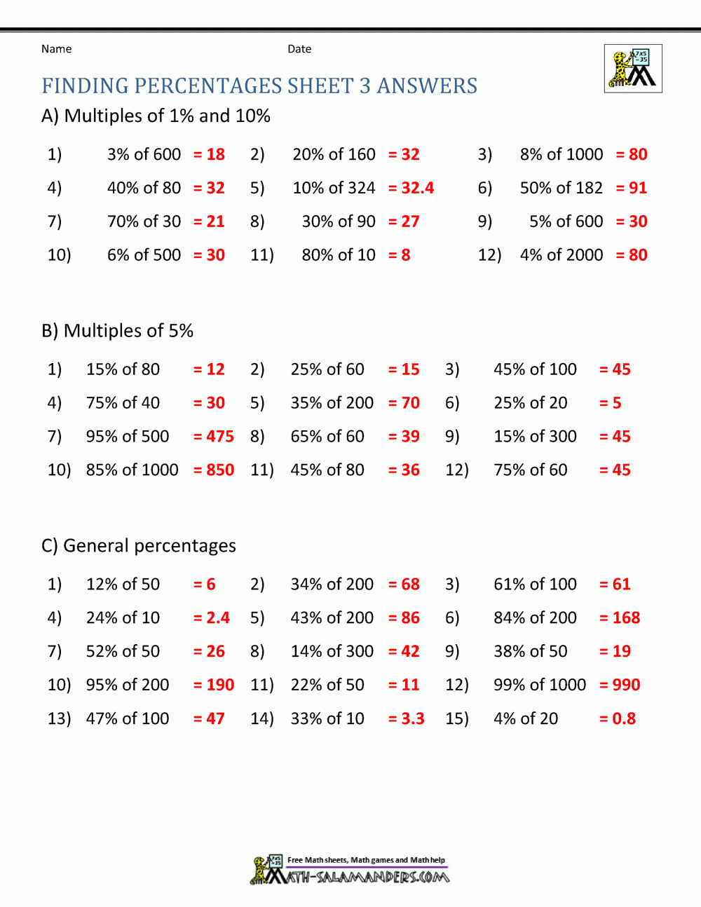 Finding Percentage Worksheets