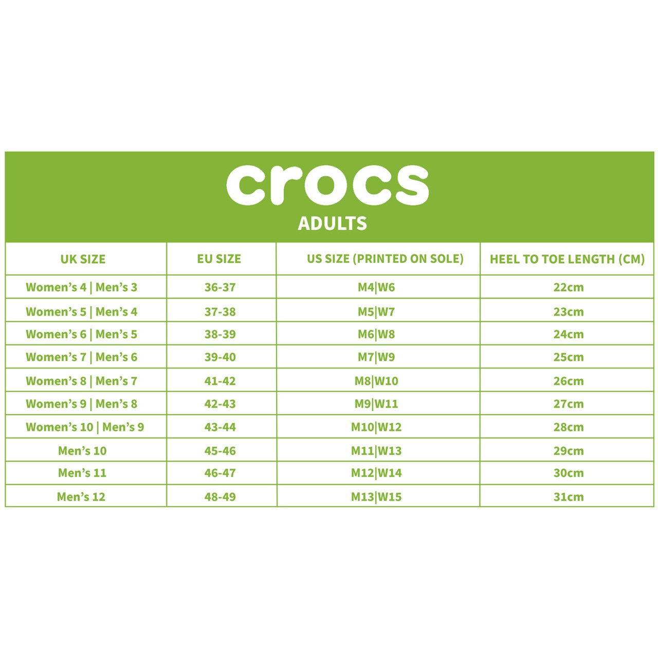 Crocs Size Chart Printable