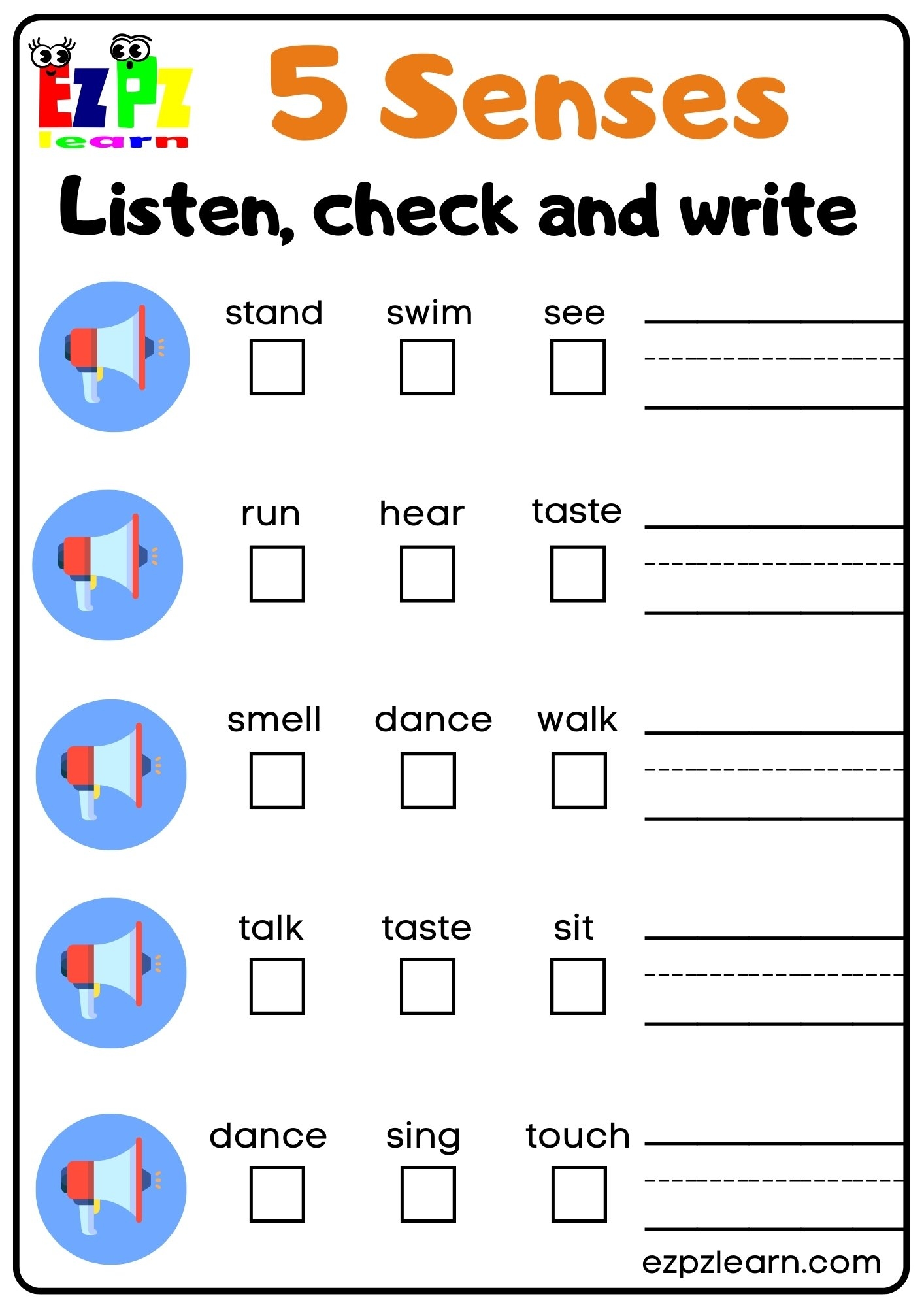 Five Senses Vocabulary Interactive Worksheet Listen Check And Write The Words Activity For Kids And ESL Students Ezpzlearn