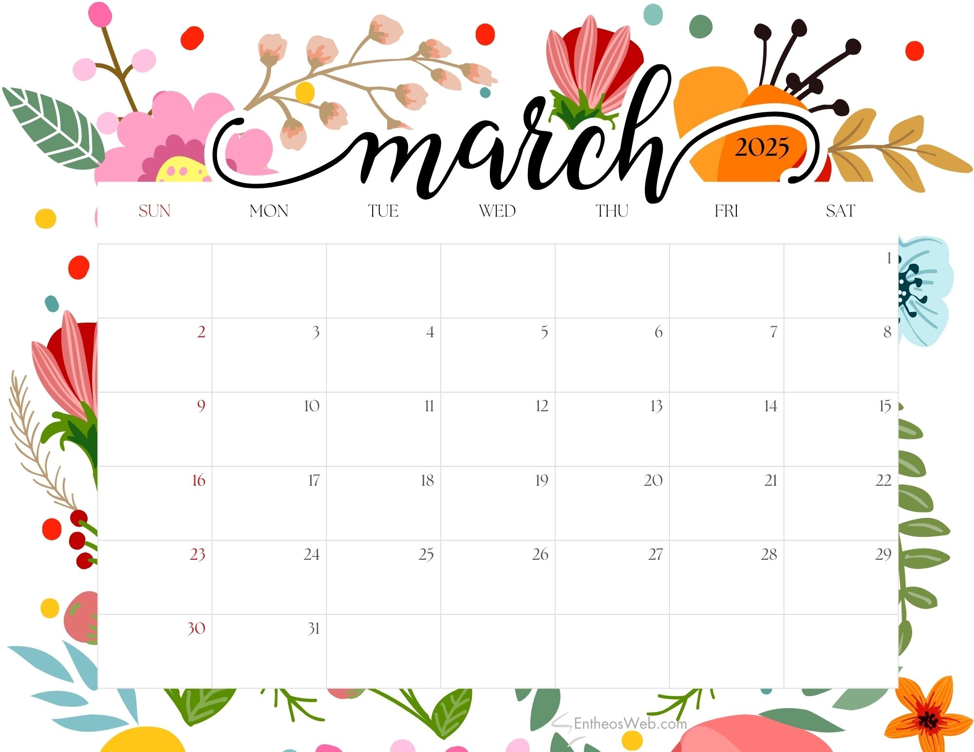 Floral Printable 2025 Calendar EntheosWeb