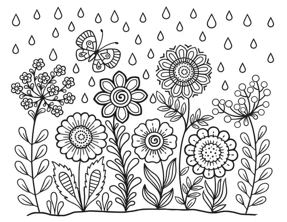 Flower Garden With Rain In Spring Coloring Page Download Print Or Color Online For Free