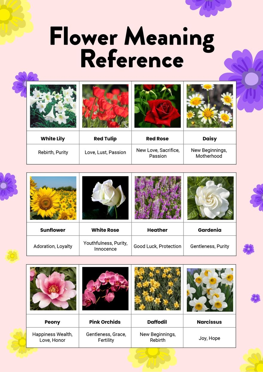 Flower Meaning Reference Chart In Illustrator PDF Download Template