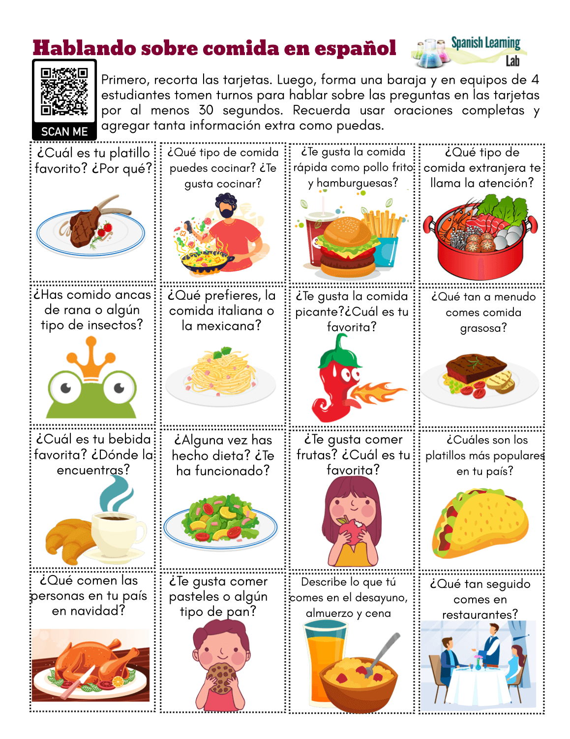 Food In Spanish PDF Conversation Cards Spanish Learning Lab