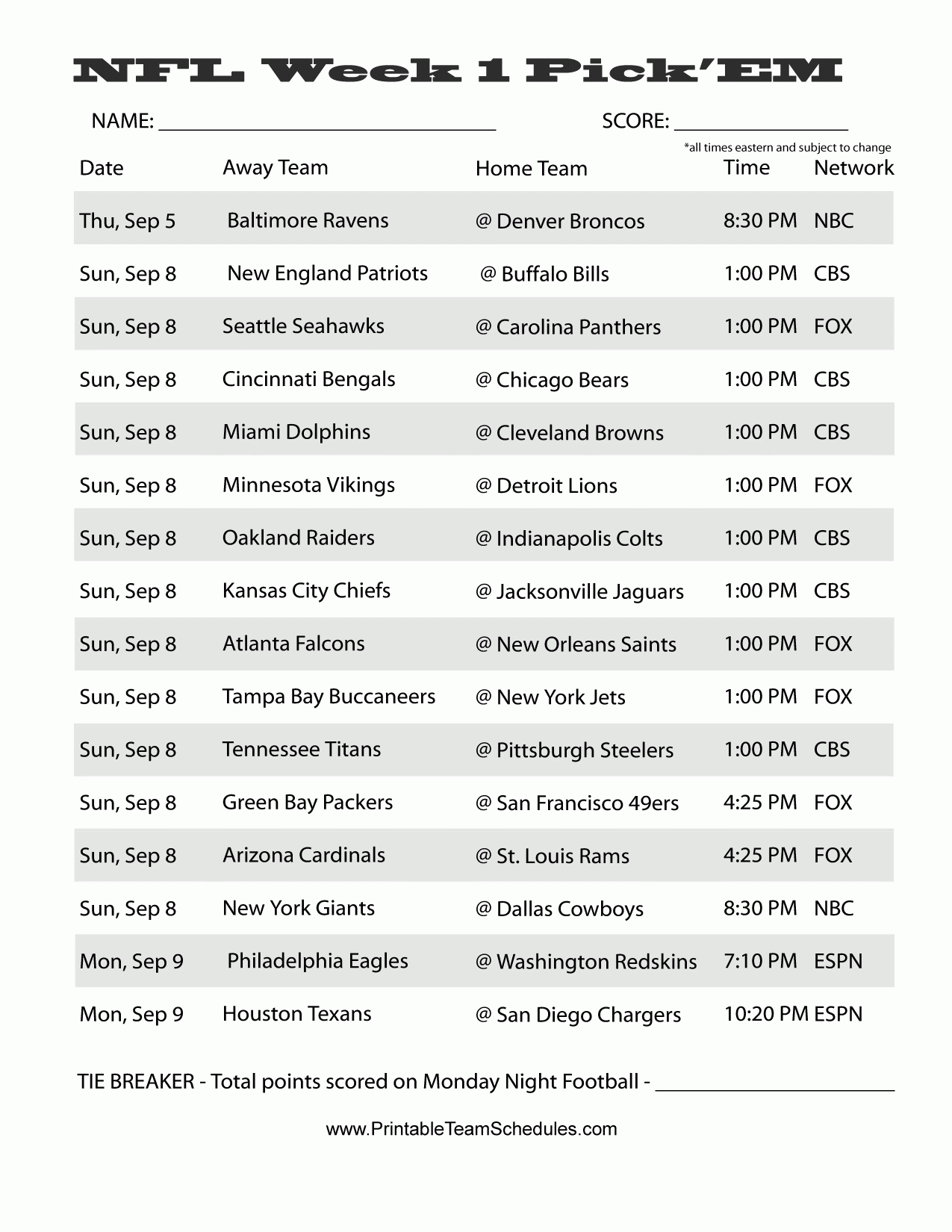 Printable Nfl Weekly Pick Em Sheets
