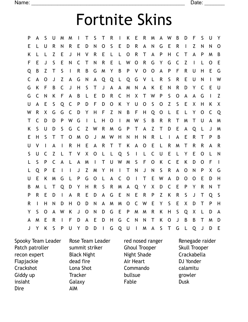 Fortnite Skins Word Search WordMint Fortnite Skins Word Search WordMint