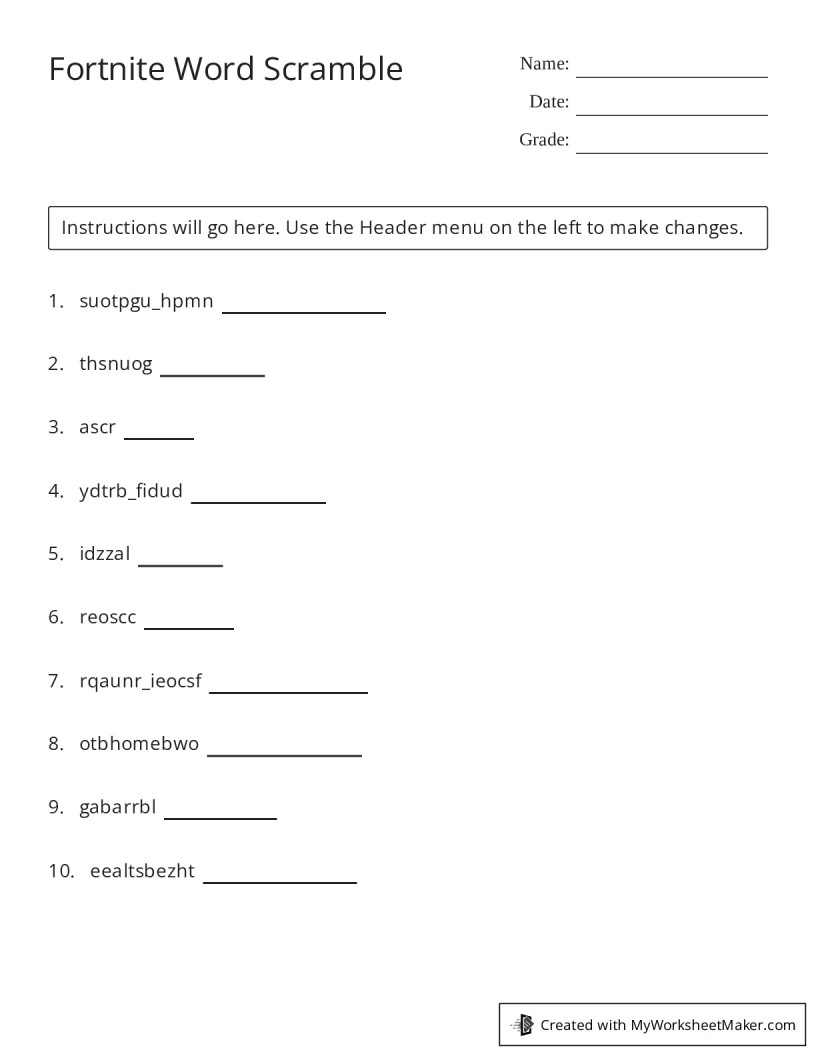 Fortnite Word Scramble My Worksheet Maker Create Your Own Worksheets Fortnite Word Scramble My Worksheet Maker Create Your Own Worksheets