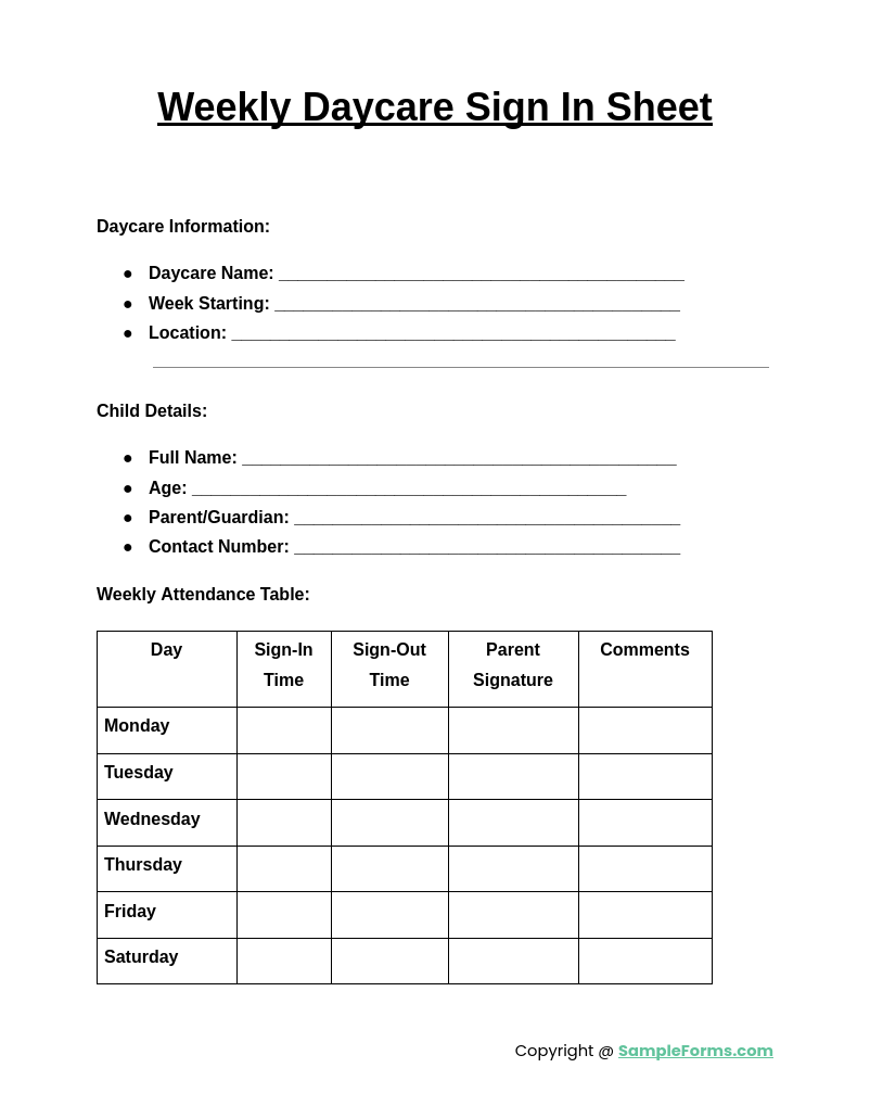 FREE 10 Daycare Sign In Sheet Samples PDF MS Word Google Docs