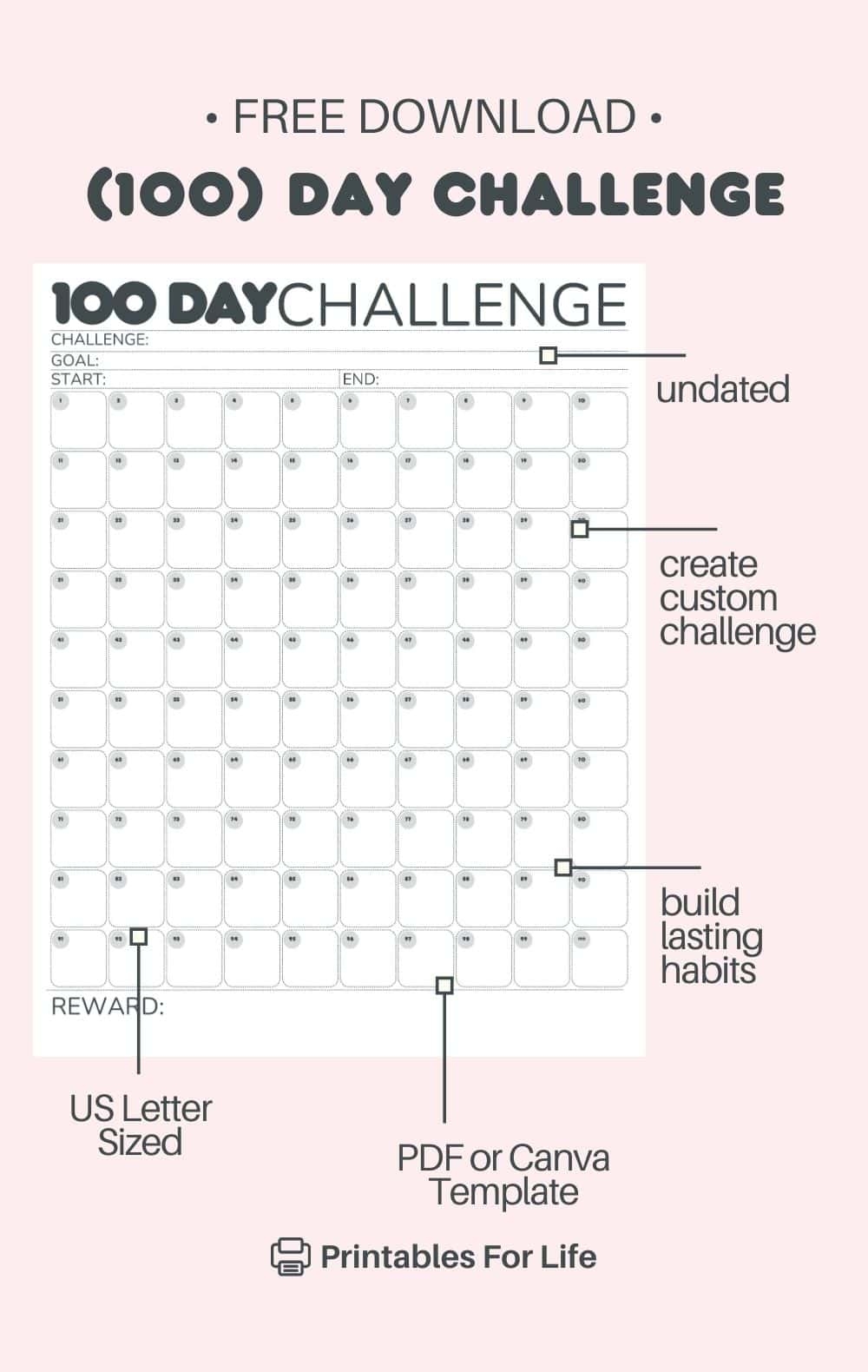Free 100 Day Challenge Calendar