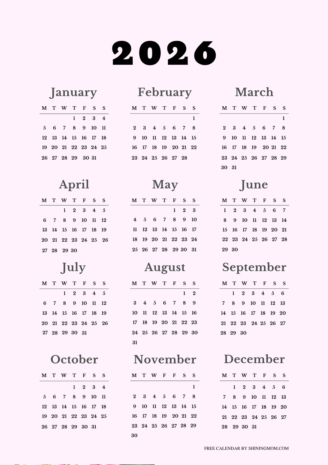 Free 2026 Yearly Calendar Printables Best One Page Templates 