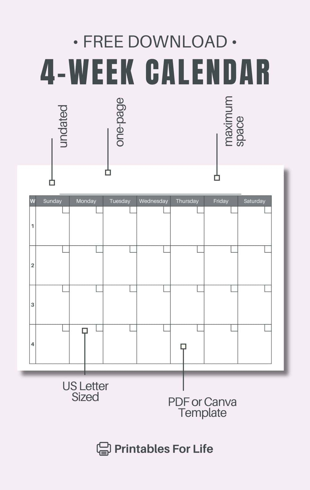 Free 4 Week Calendar Printable PDF