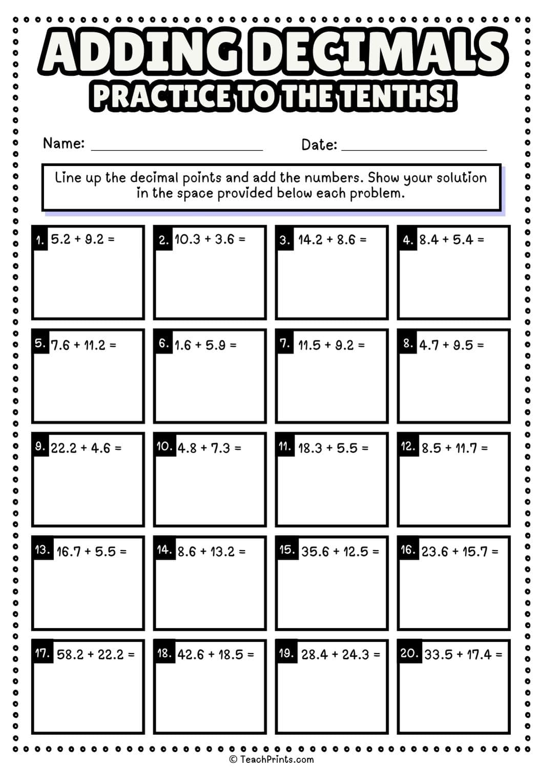 Free Adding Decimals Worksheets Teach Prints