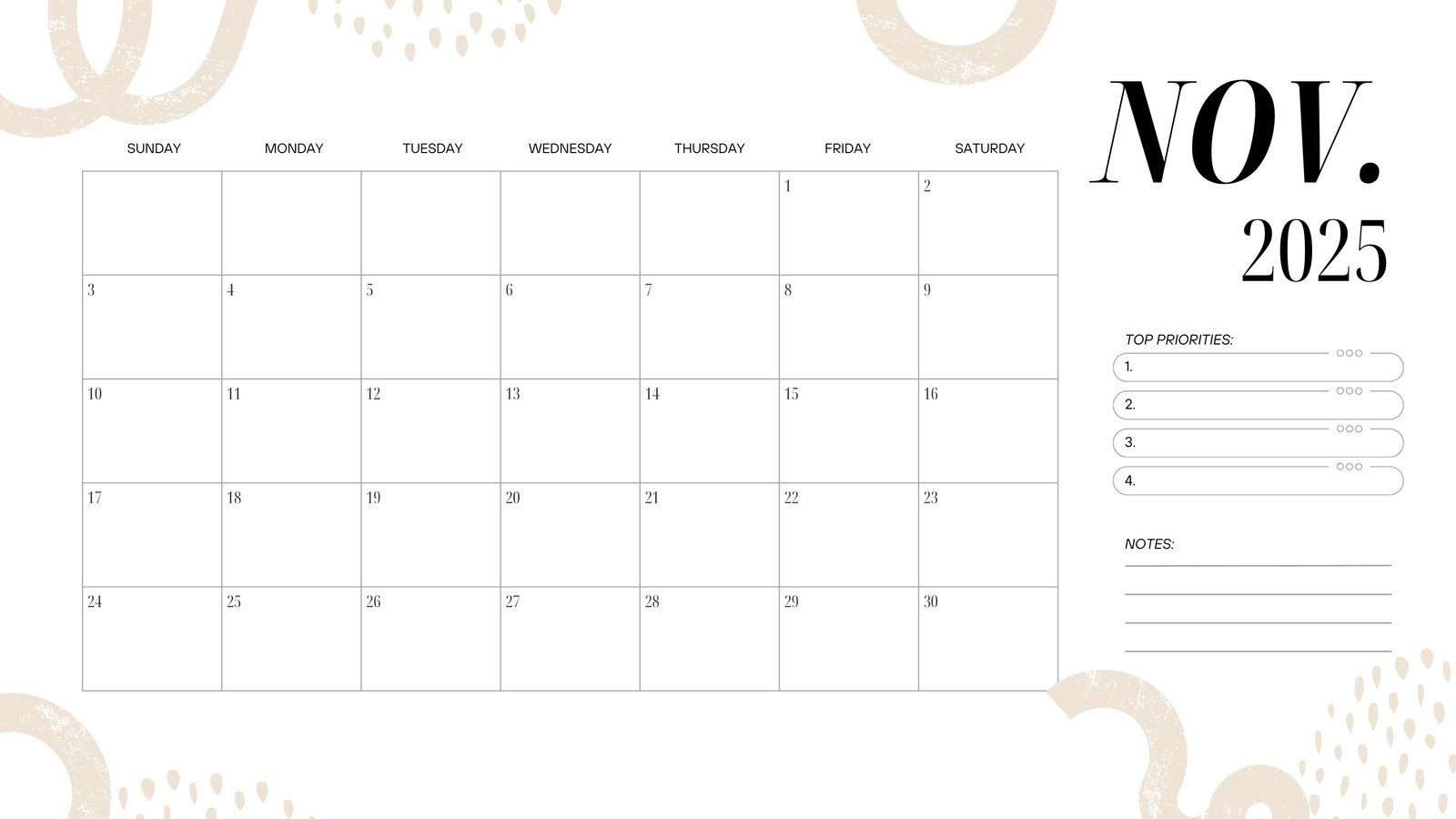 Free And Printable November 2025 Calendar Templates Canva