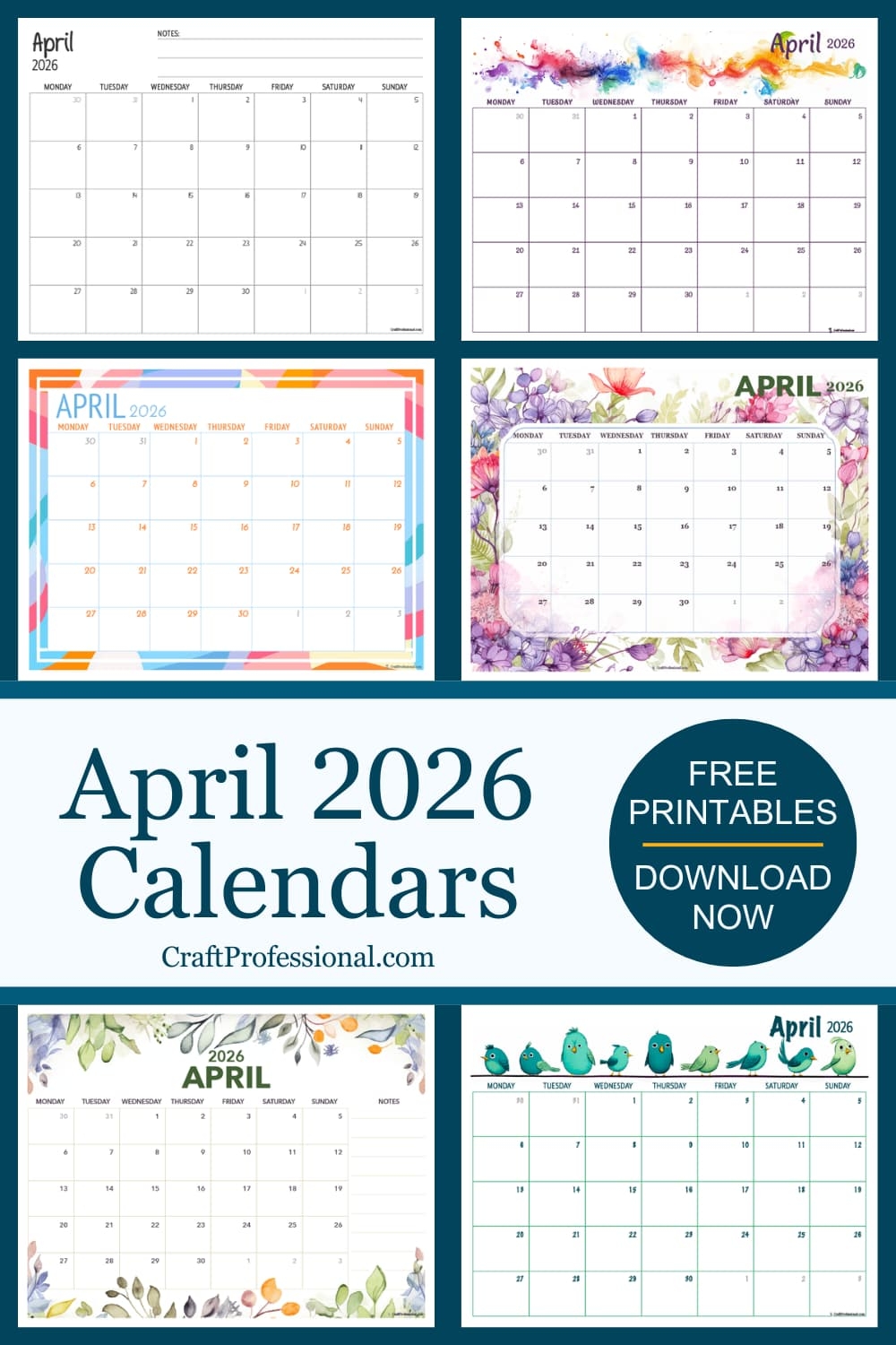 Free April 2026 Printable Calendars PDF Craft Professional