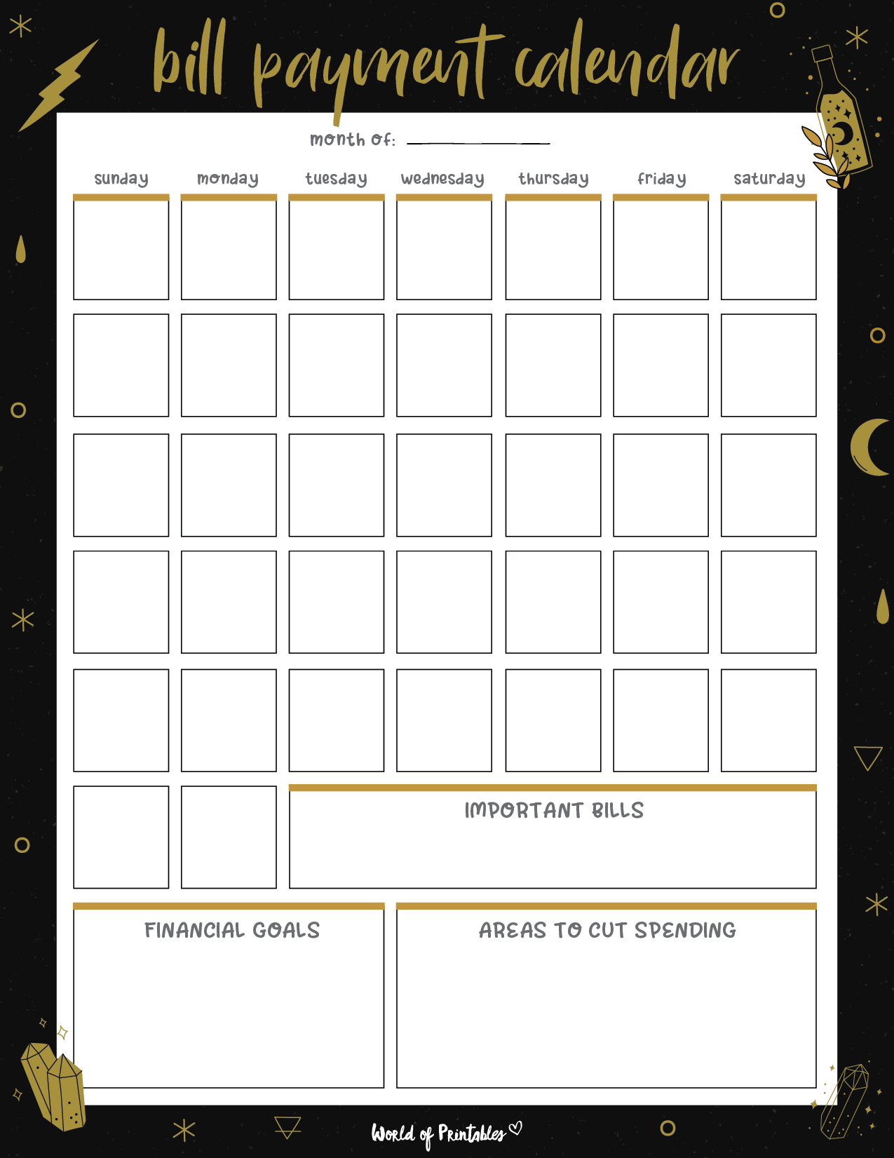 Printable Monthly Bill Calendar