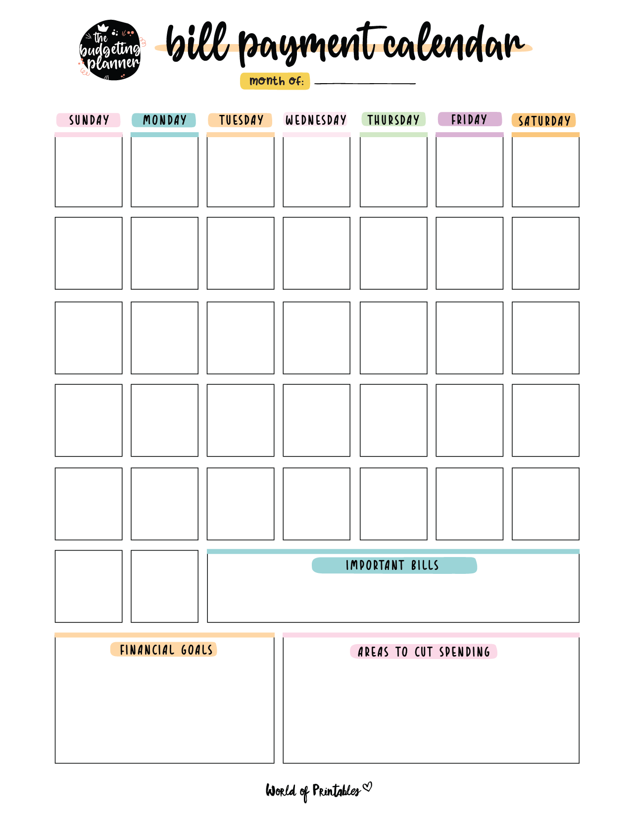 Free Printable Bill Calendar Template