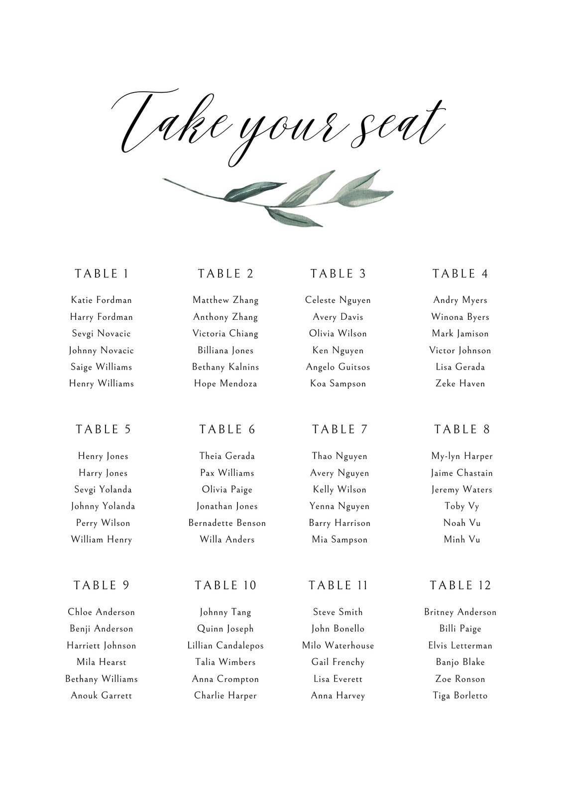 Free Printable Seating Chart Template