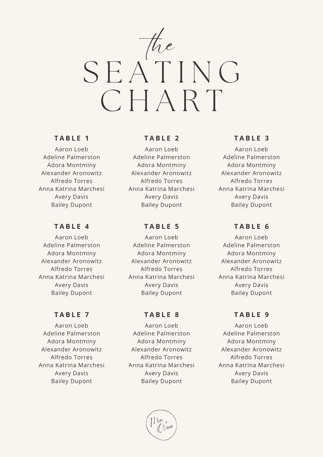 Printable Wedding Seating Charts Free