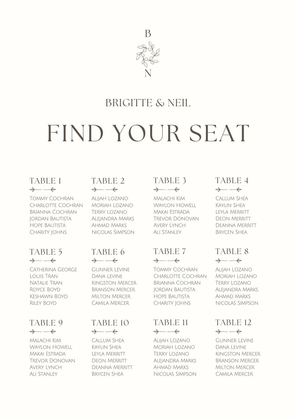 Printable Seating Chart 200 Guests