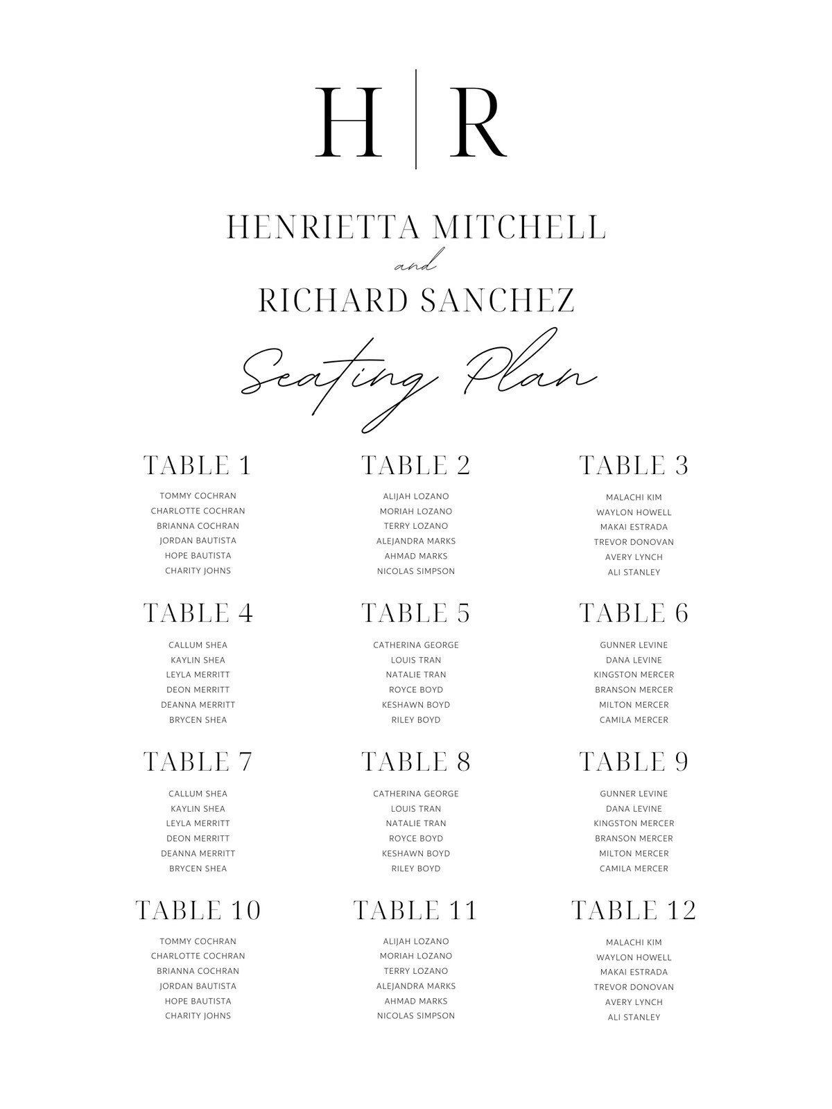 Printable Seating Chart Wedding