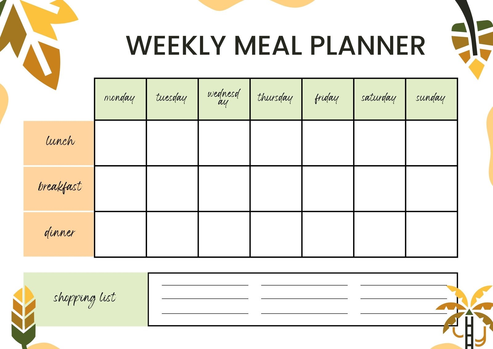 Weekly Food Calendar Printable