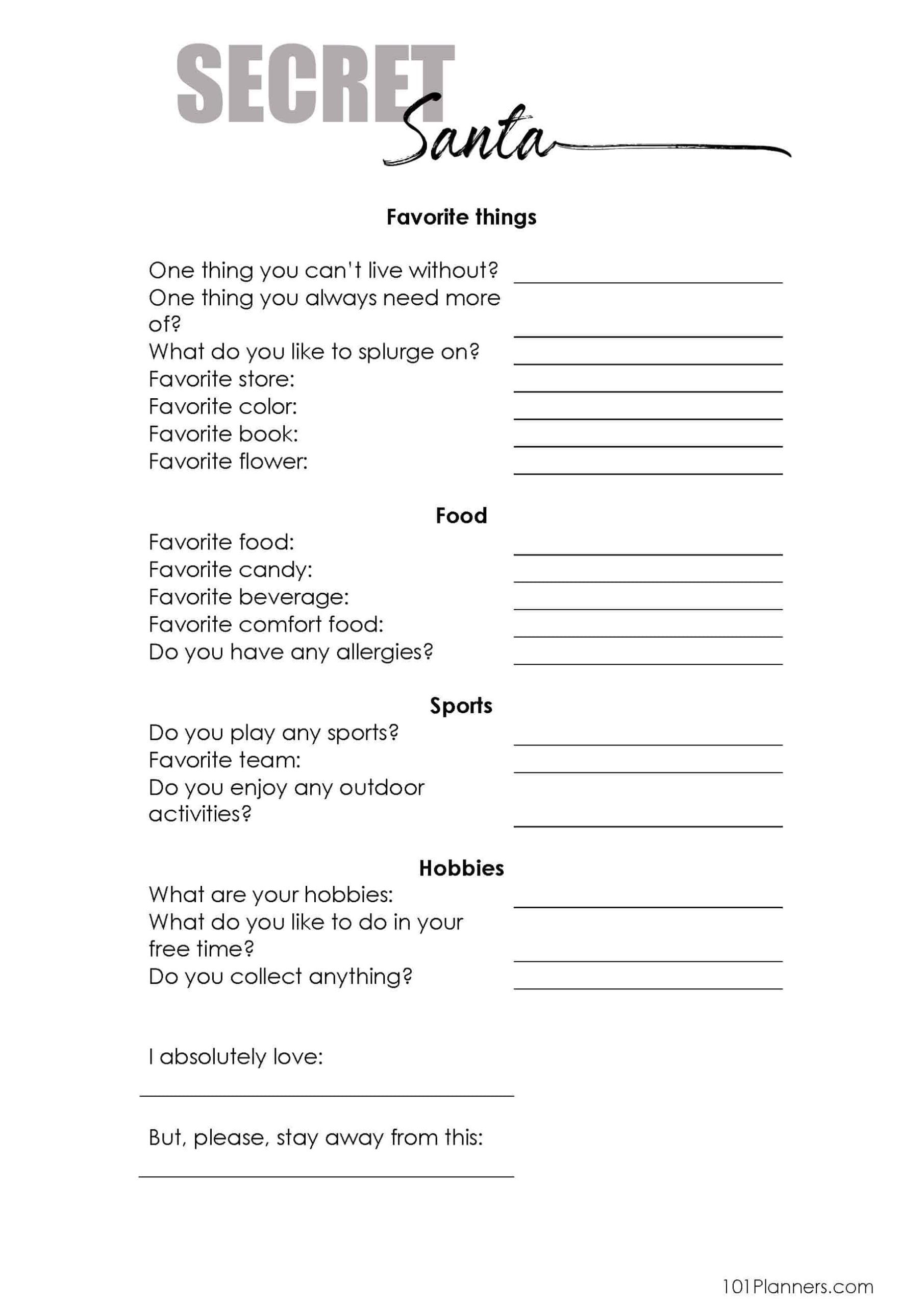 Free Editable Secret Santa Form Template