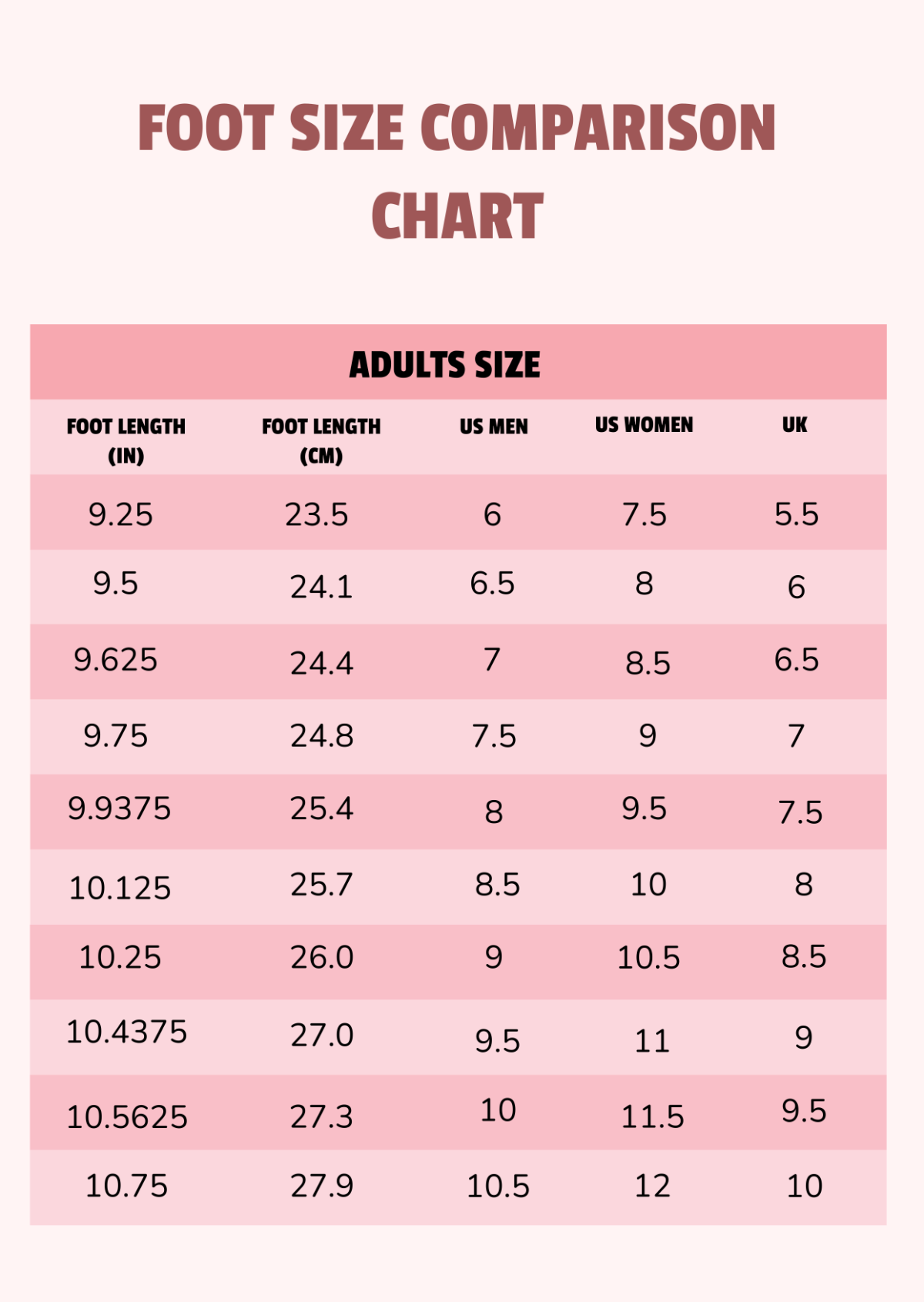 Women's Foot Measurement Chart Printable