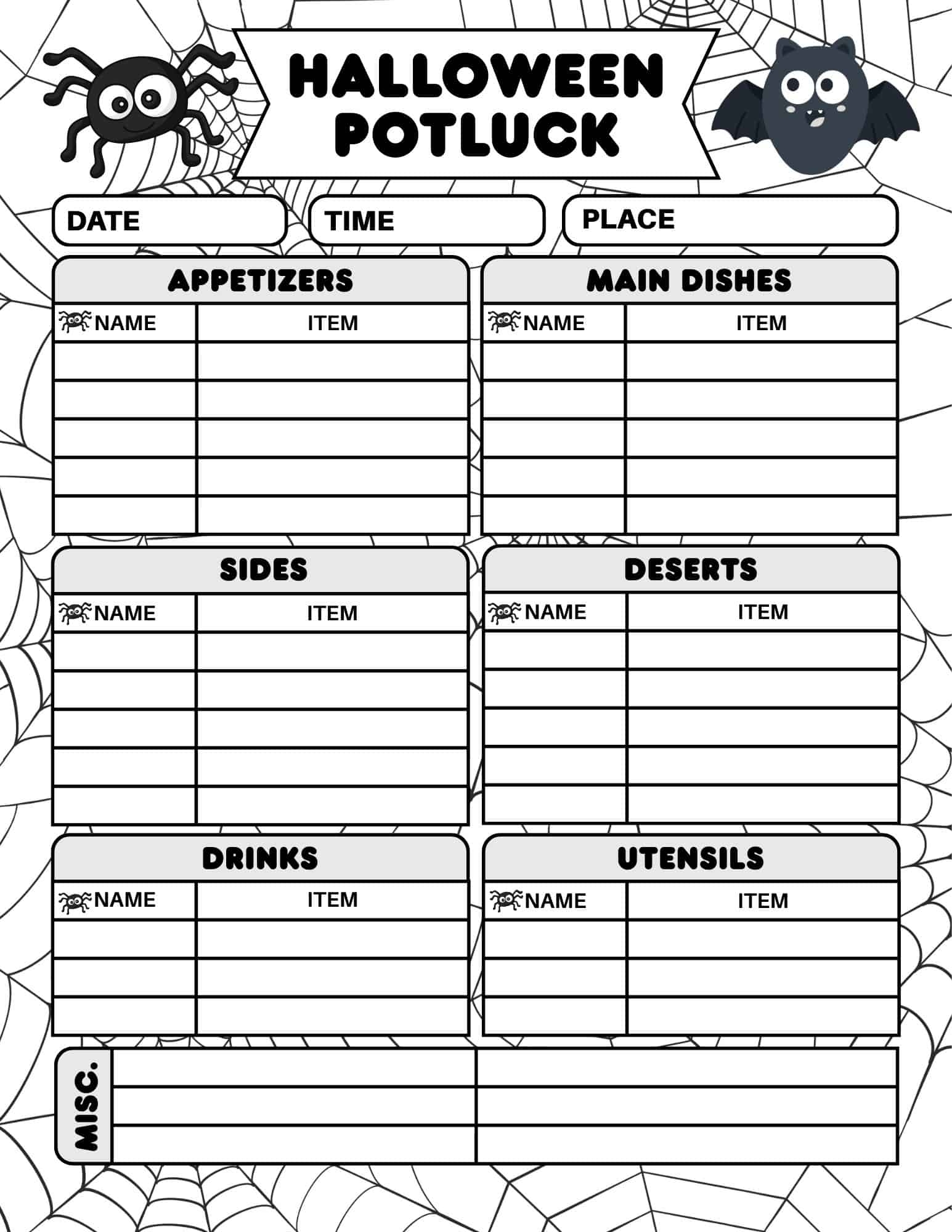 Free Halloween Potluck Sign Up Sheet Printable