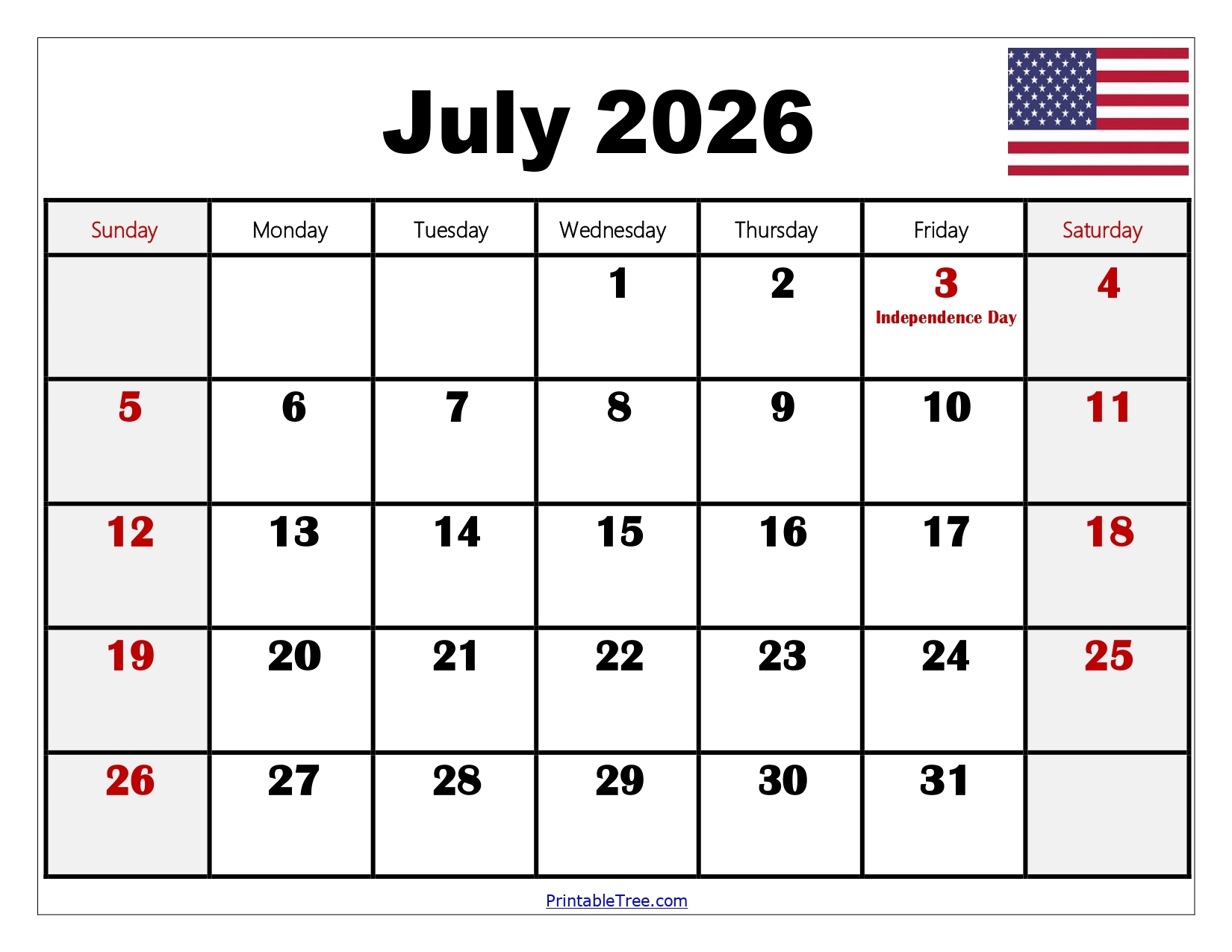 Printable Calendar For July 2026