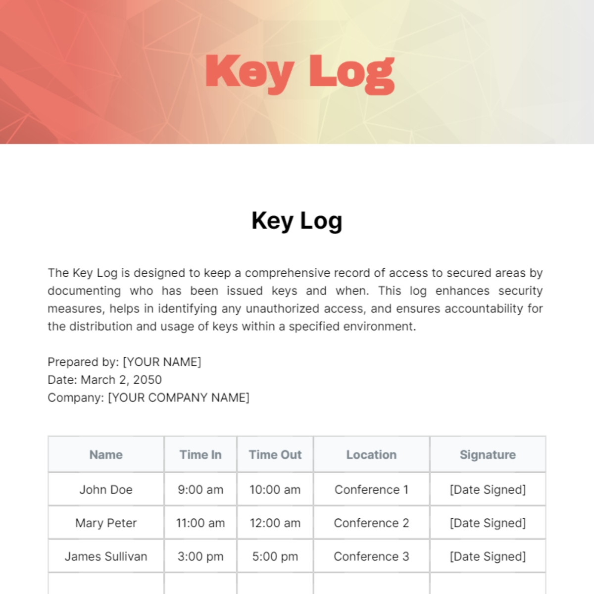 Free Printable Key Log Sheet