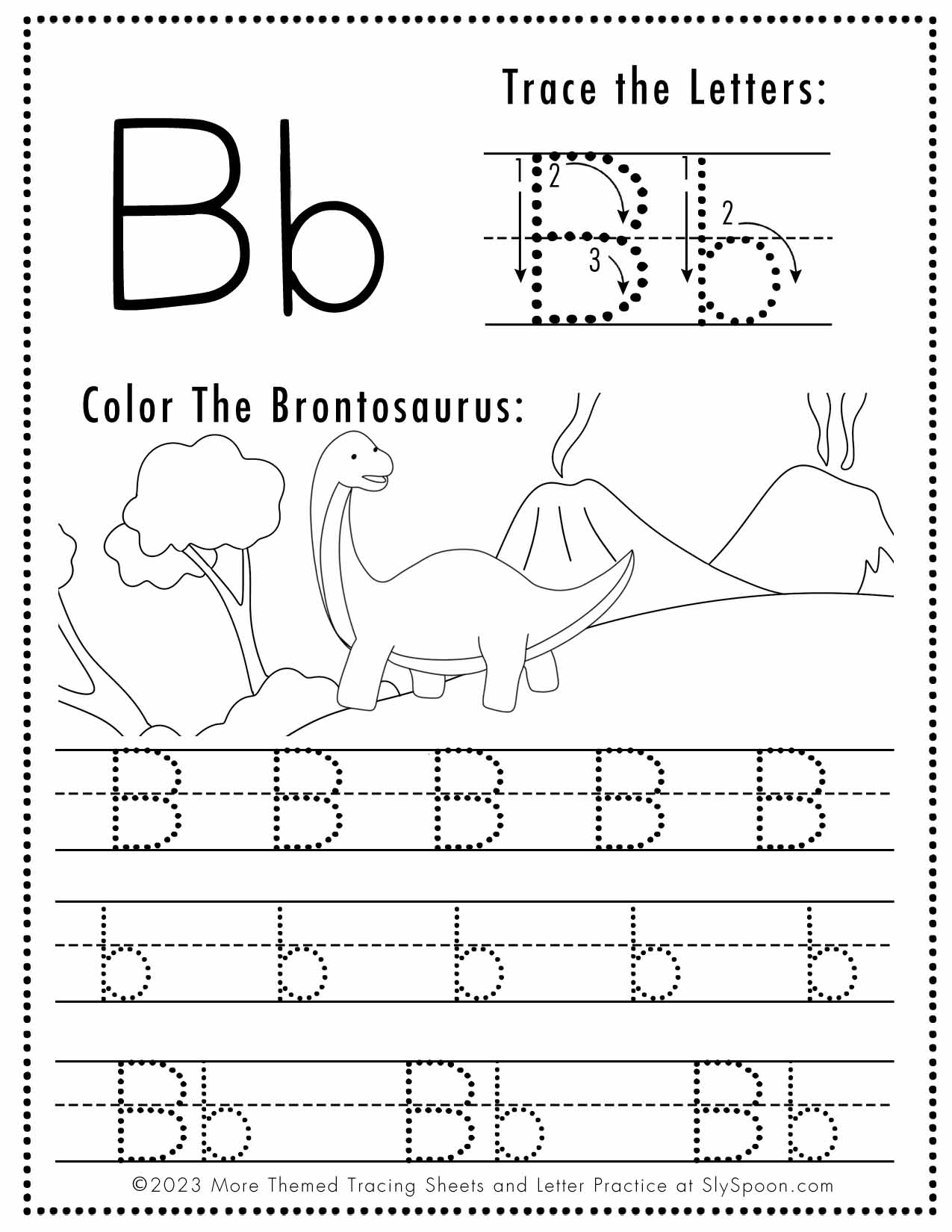 Free Letter B Tracing Worksheets Dinosaur Themed Printable Sly Spoon