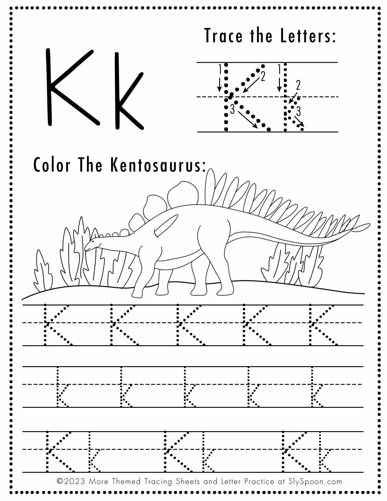 Free Letter K Tracing Worksheet Printable Dinosaur Themed Sly Spoon