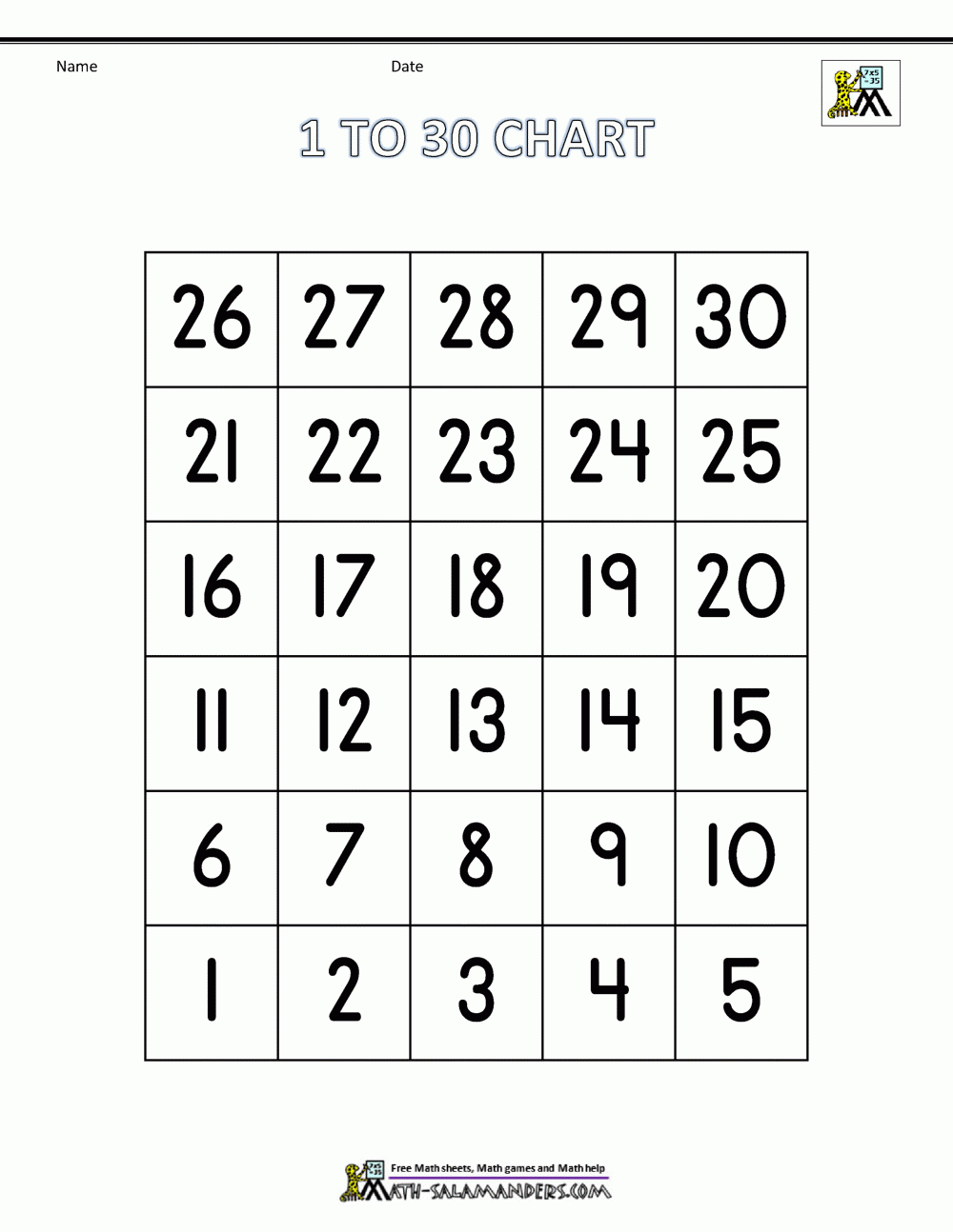 Printable Number Chart For Preschool