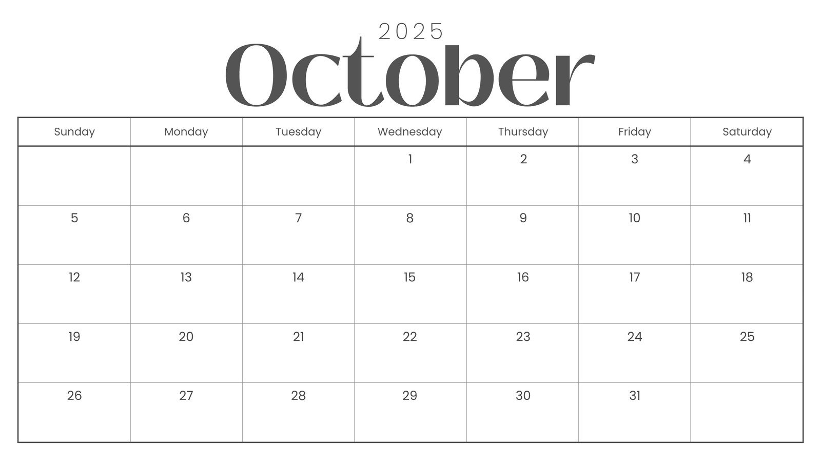October Calender Printable
