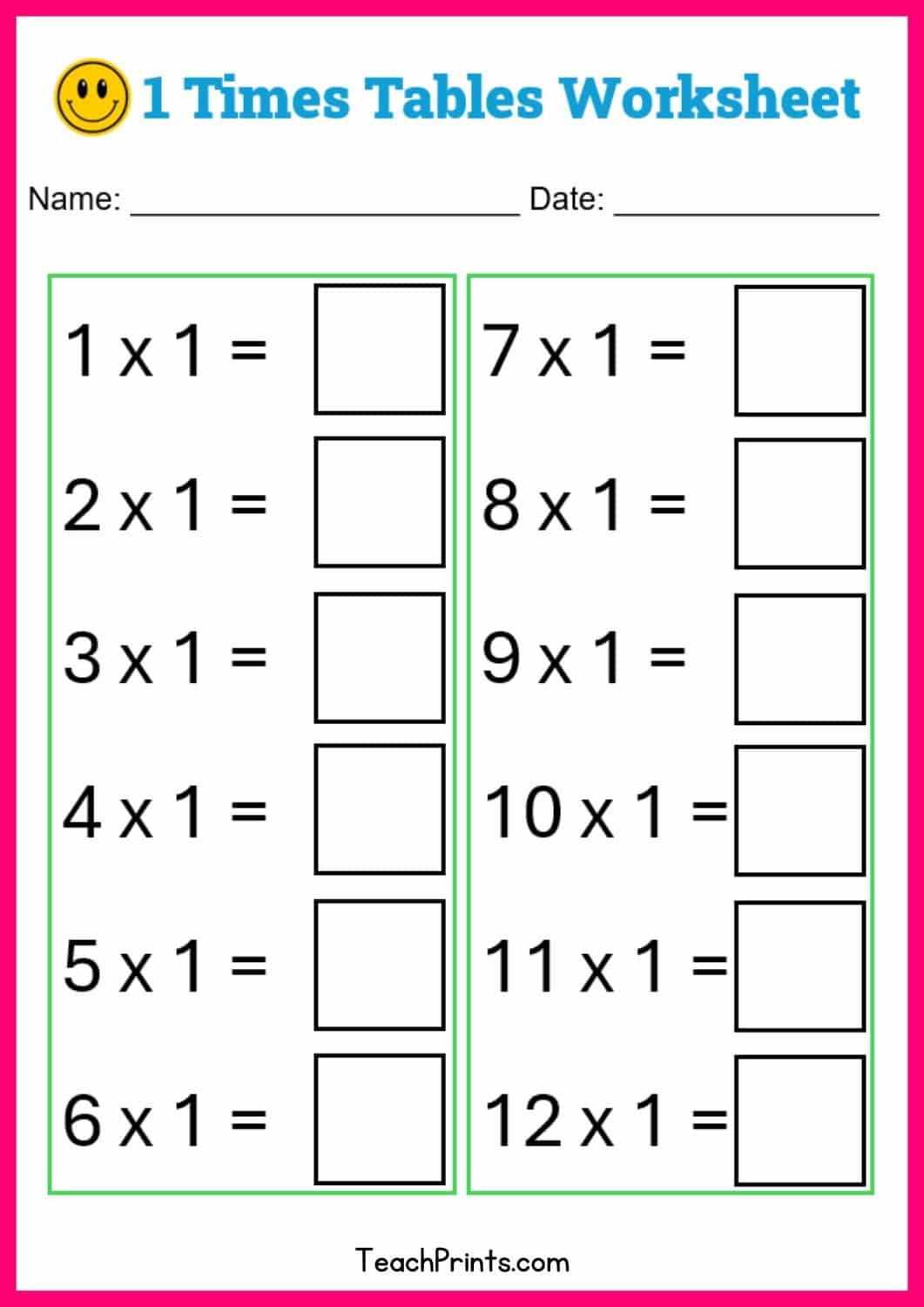 Free One Times Tables Worksheets Teach Prints
