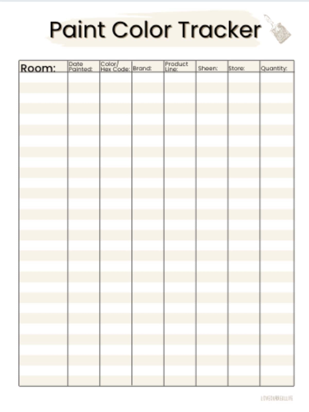 Free Paint Color Tracker Printable To Keep Track Of Colors Love Our Real Life