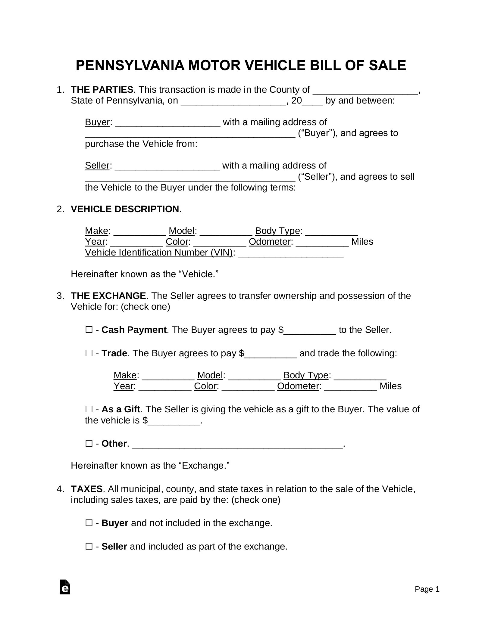 Free Pennsylvania Motor Vehicle Bill Of Sale Form PDF Word EForms