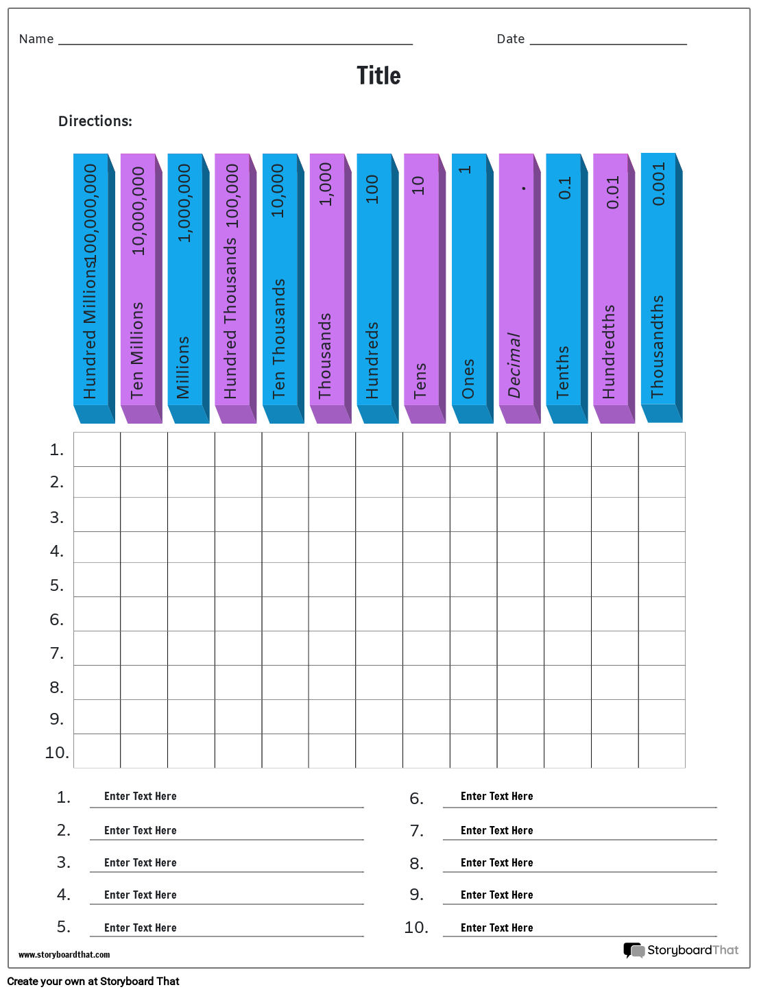 Place Value Chart Printable Worksheets