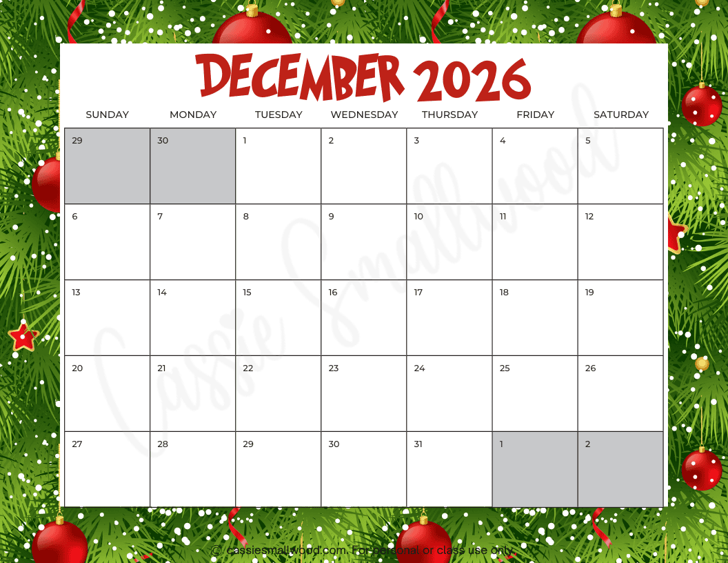 FREE PRINTABLE 2026 DECEMBER CALENDAR Cassie Smallwood FREE PRINTABLE 2026 DECEMBER CALENDAR Cassie Smallwood