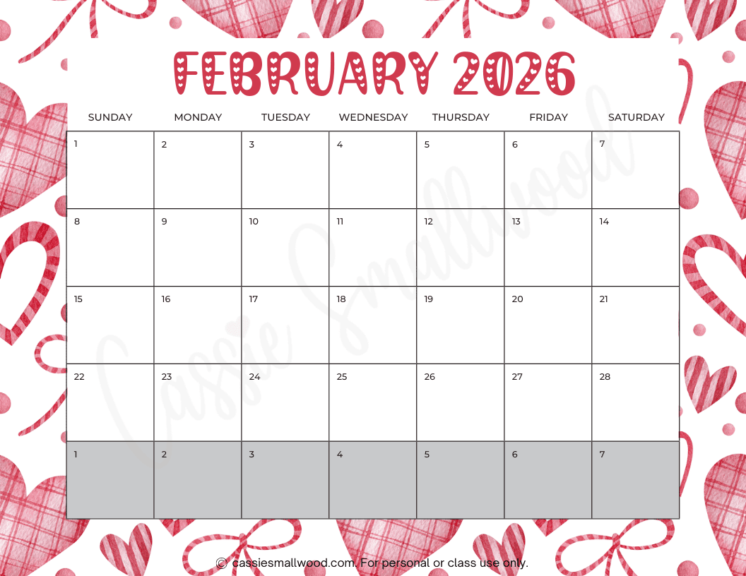 Free Printable Monthly Calendar February 2026