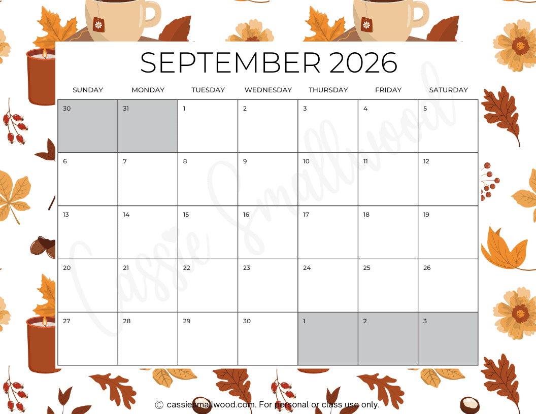 FREE PRINTABLE 2026 SEPTEMBER CALENDAR Cassie Smallwood