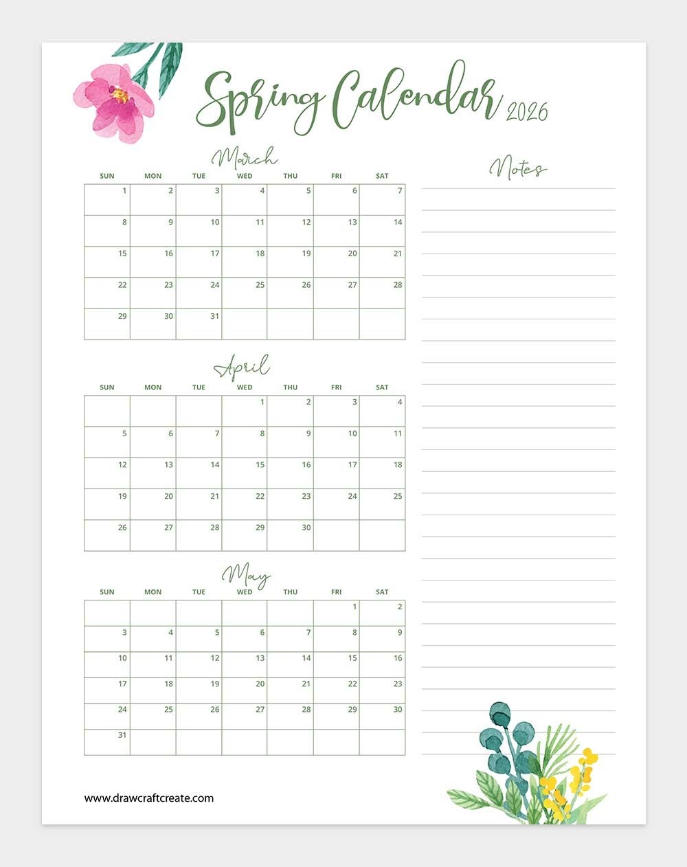 Free Printable 2026 Spring Calendars 6 Design Draw Craft Create