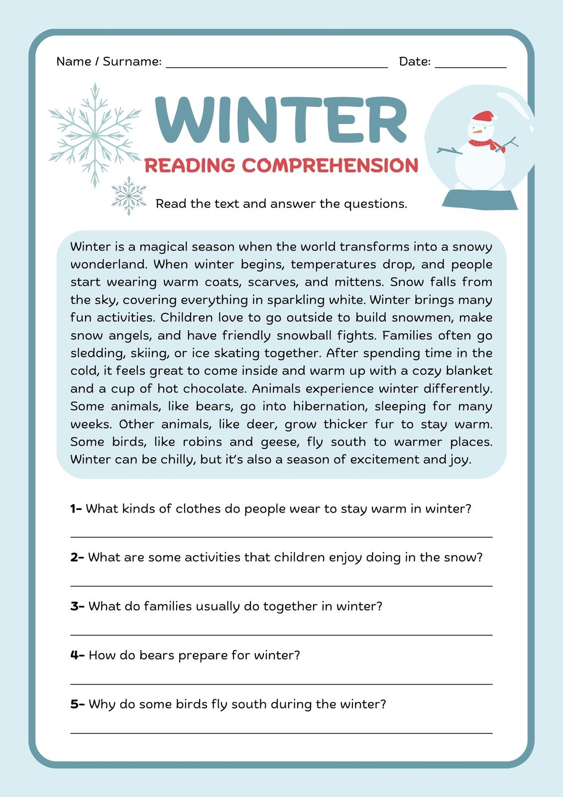 Free Printable Reading Comprehension Worksheets Pdf