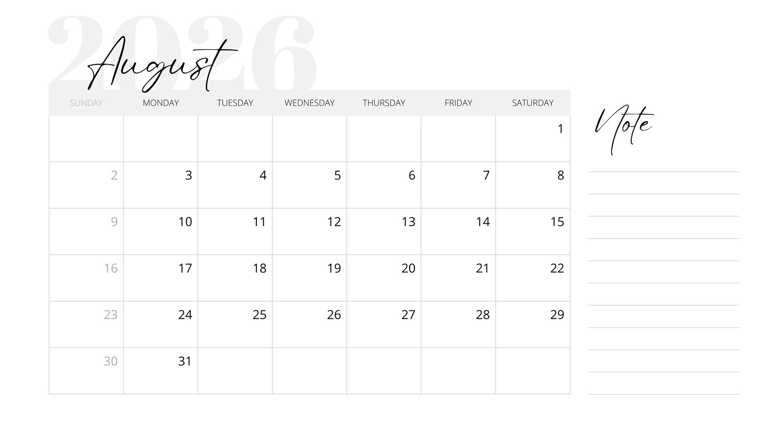 Free Printable August 2026 Calendar Templates Canva