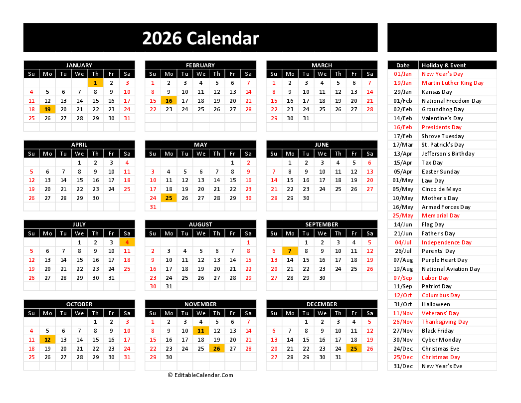 2026 Free Printable Calendar Pdf