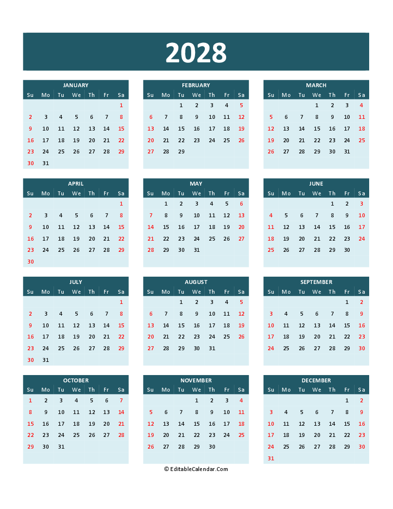 2028 Calendar With Holidays Printable