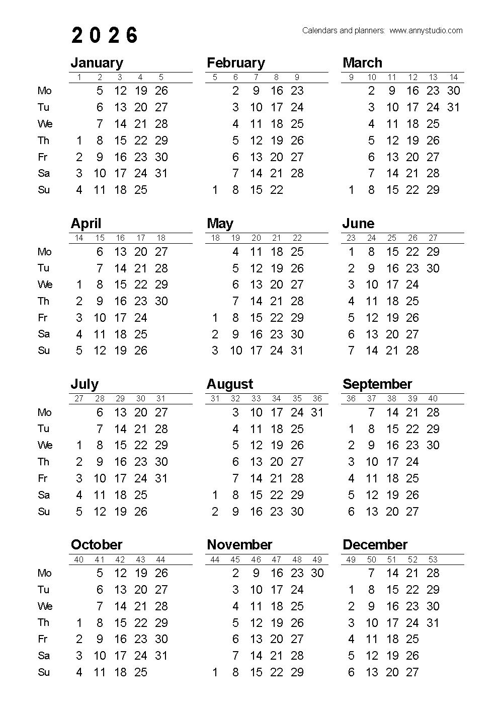 Mini Calendar 2026 Printable Free