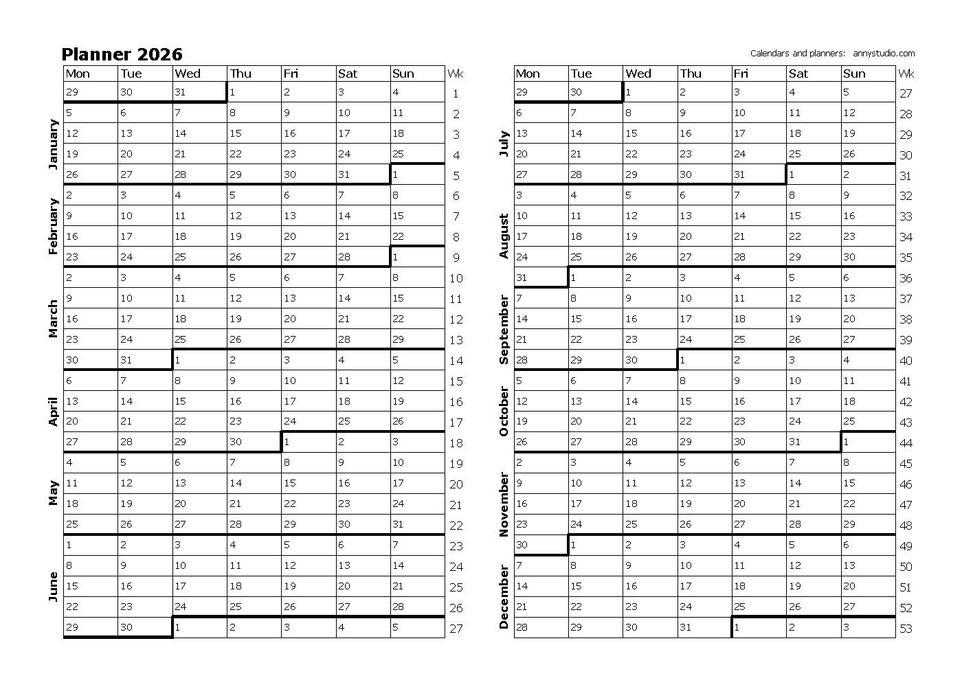 Free Yearly Calendar Printable 2026