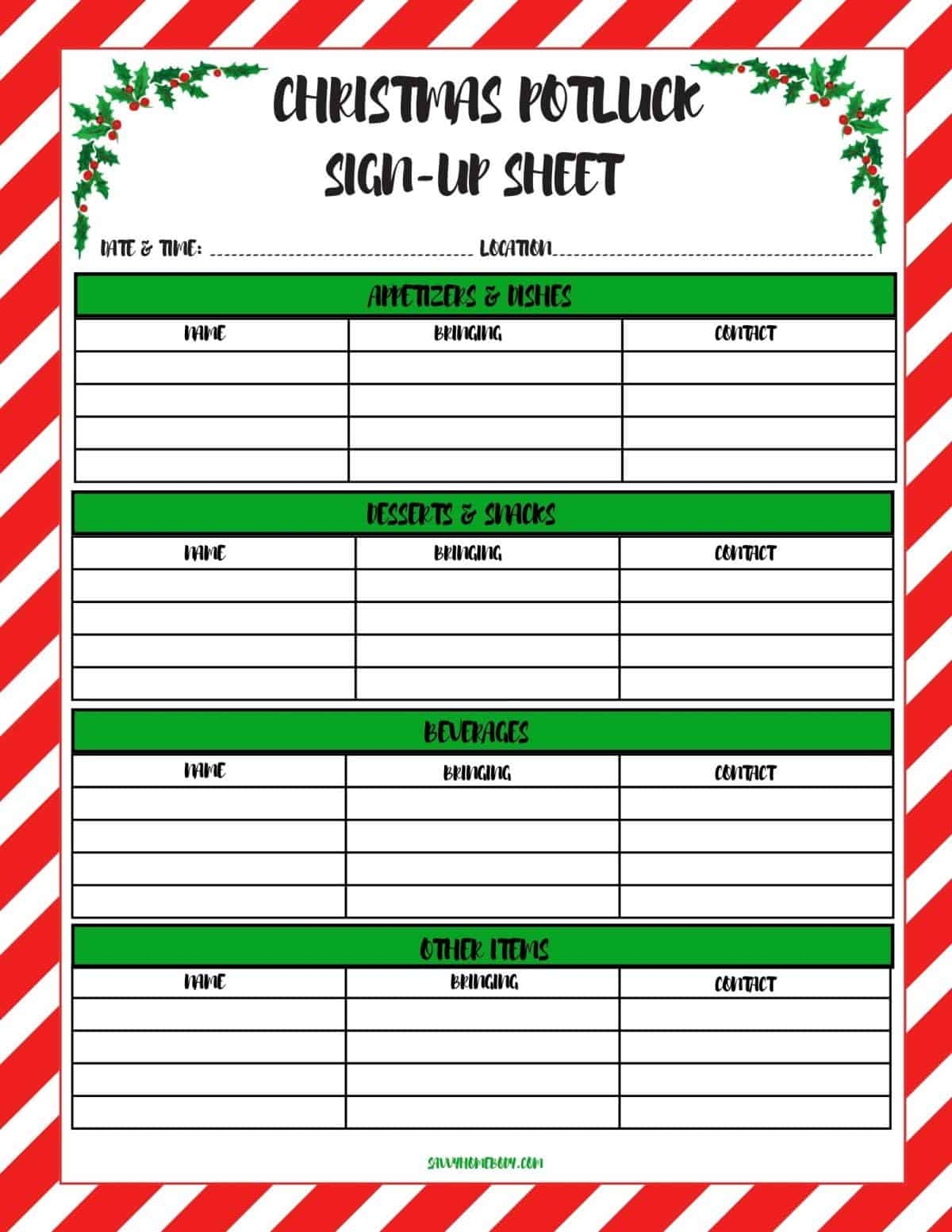 Holiday Sign Up Sheet Printable