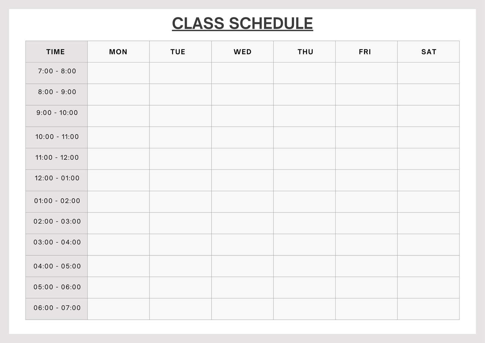 Printable Class Schedule Chart